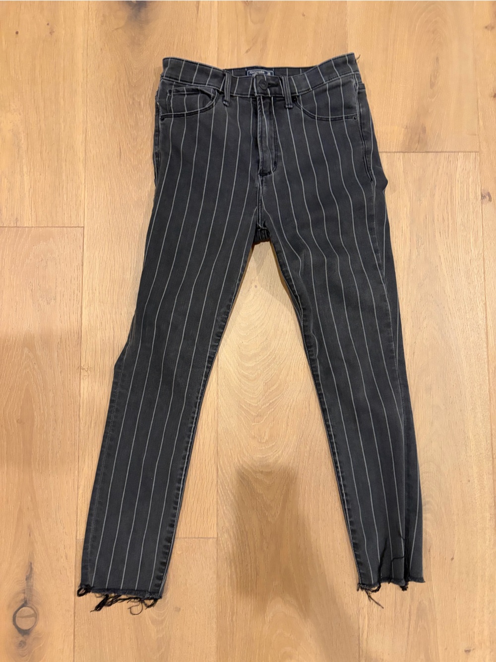 Abercrombie & Fitch Faded Black Pinstripe High Rise Super Skinny Ankle Jeans